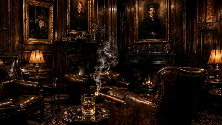 A panelled room with three portraits under picture lights, leather armchairs drawn up to a lit fire, and a glass and a lit cigar left on a marble table with smoke rising from it