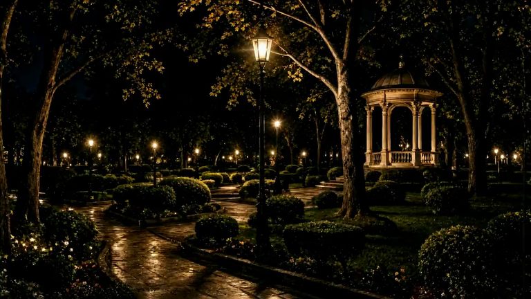 A private park at night: a wet stone path curving between clipped hedges, a cast-iron lamp standard burning warm, and a domed stone rotunda under the trees