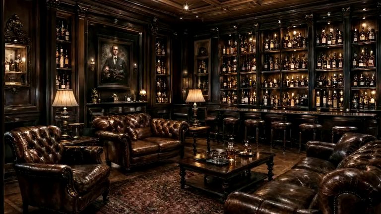 A panelled lounge by lamplight: buttoned leather chesterfields round a low table, a portrait over the chimneypiece, and a wall of lit shelves behind a bar counter