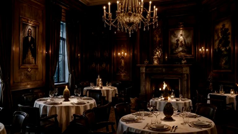 A panelled dining room by candlelight: a crystal chandelier with lit candles, a fire in the stone chimneypiece, and round tables laid with white cloths and glass