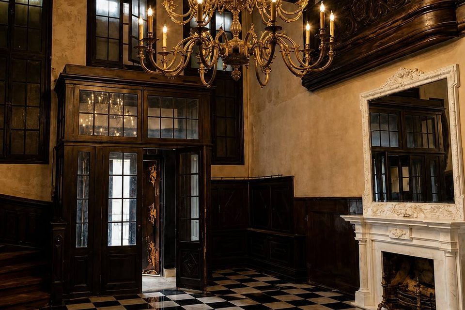 A panelled room in low light, a marble chimneypiece under a chandelier