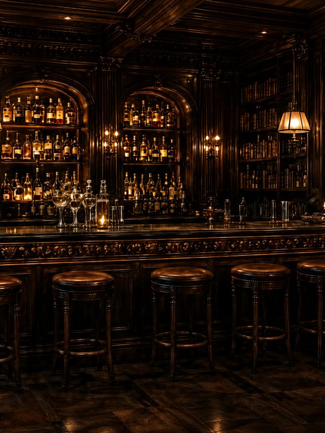 A long mahogany bar with turned stools along it and lit shelves of bottles behind