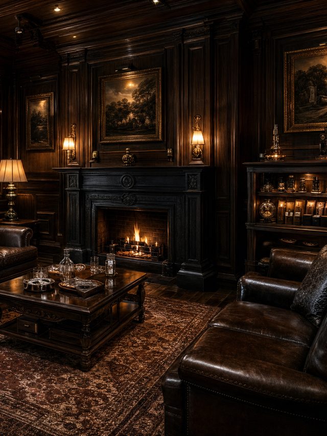 A glazed cabinet beside a lit chimneypiece in a panelled room, framed pictures above