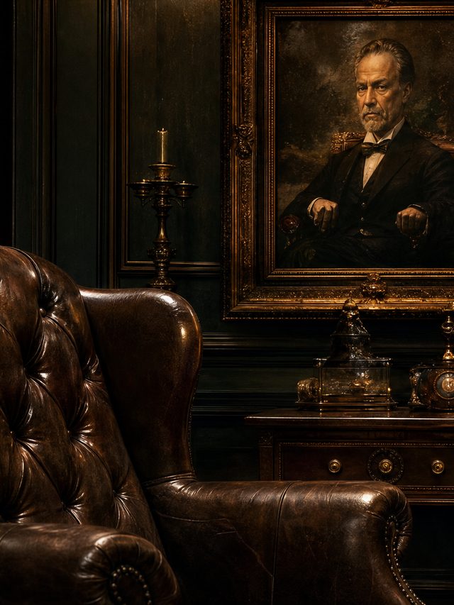 A buttoned leather armchair under an oil portrait in a gilt frame, a lamp beside it
