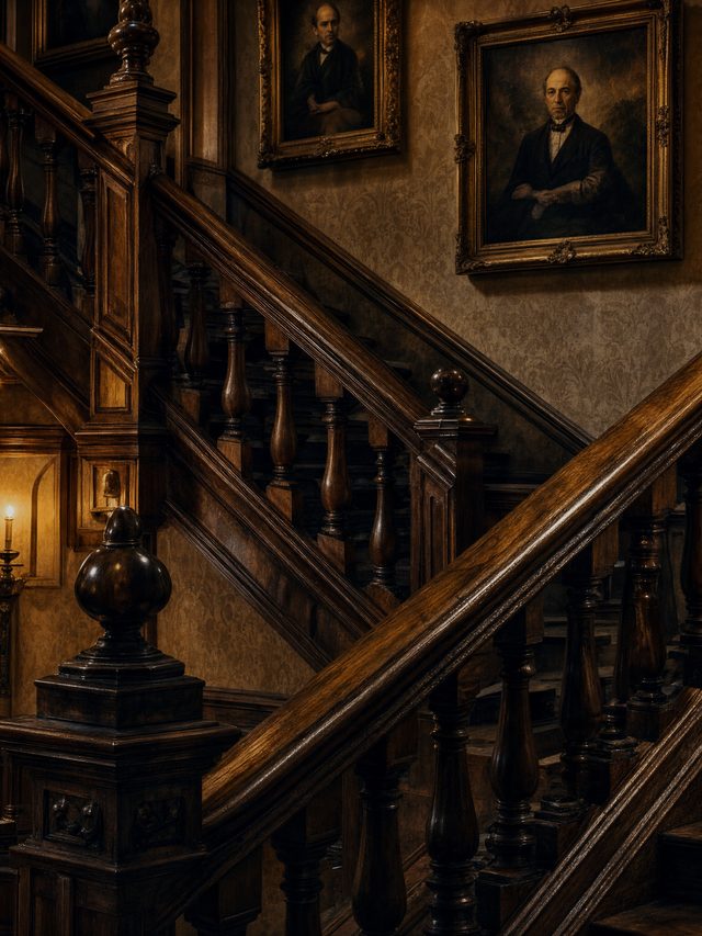 A dark timber staircase turning under portraits hung up the wall beside it