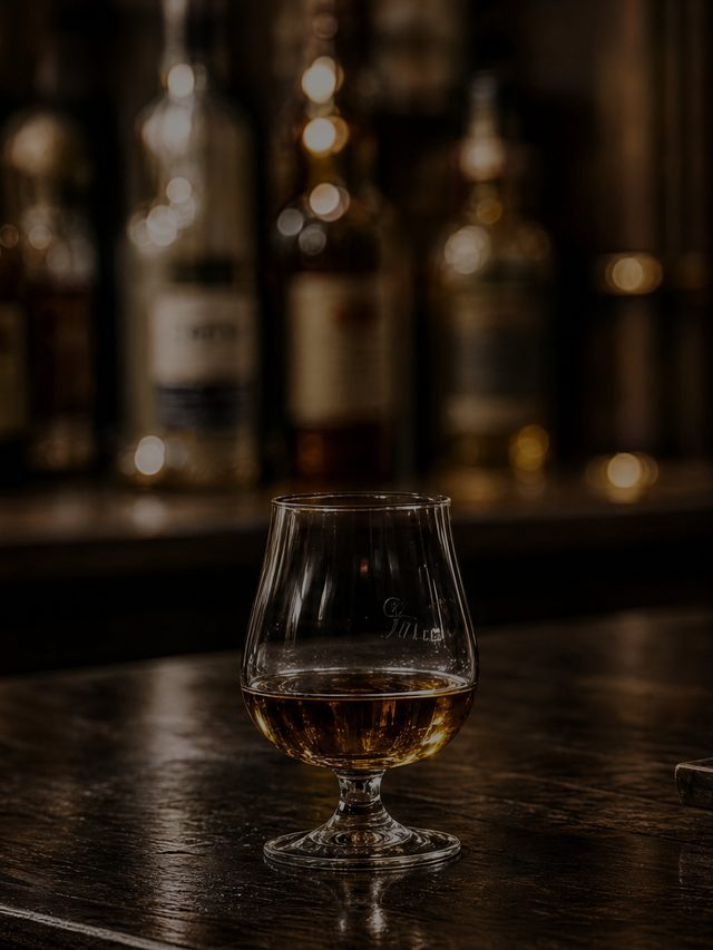 A single cut-glass tumbler standing on a dark polished counter, the shelves behind it out of focus