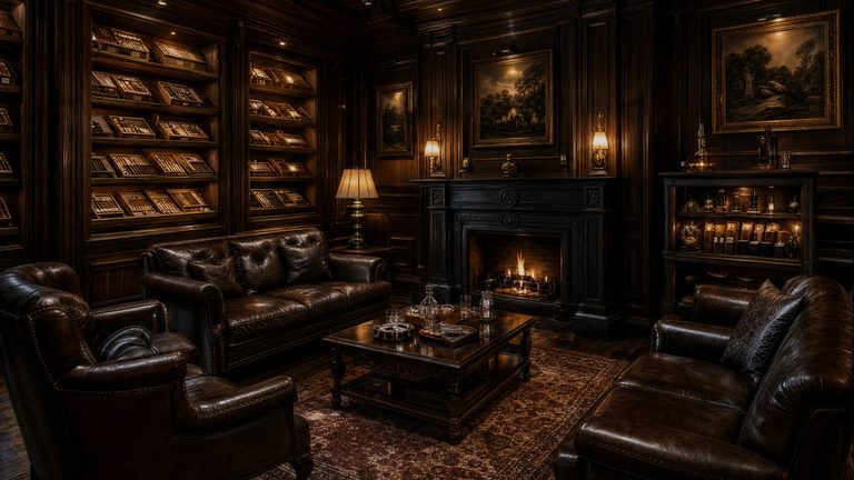 A panelled lounge with a fire burning in the chimneypiece, leather sofas drawn up either side of it and a glazed cabinet at the far end