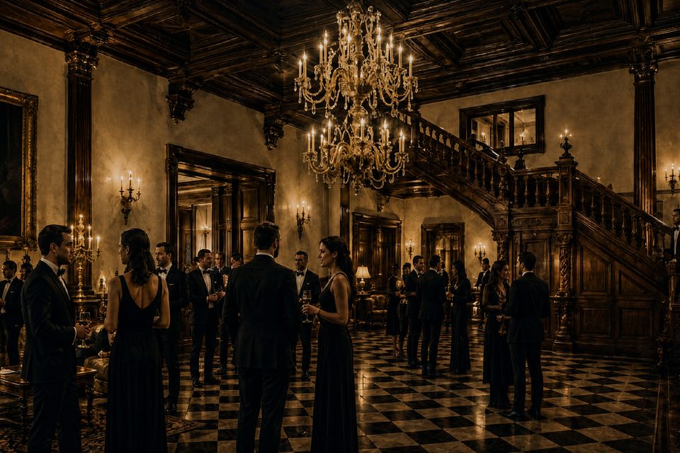 A great hall at night under a lit chandelier, small groups of people standing in evening dress on a chequered floor with a carved staircase behind them