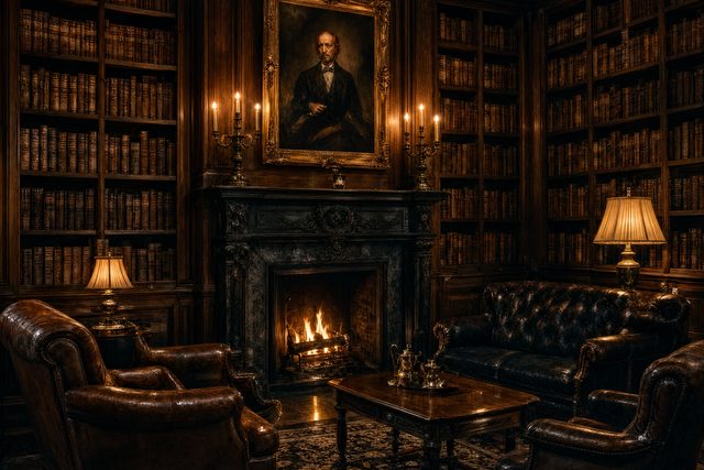 A library with a fire burning in a dark chimneypiece, leather chesterfields drawn up to it and bookcases running the height of the walls