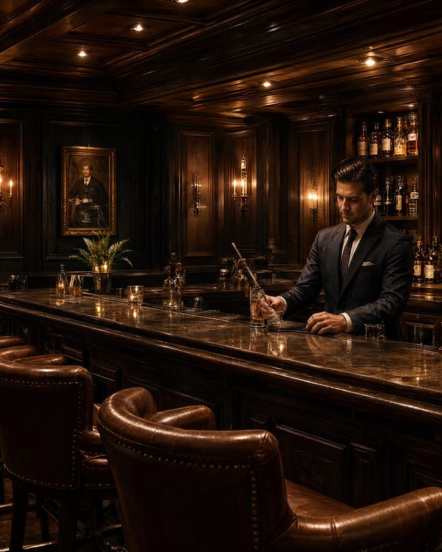 A long mahogany bar under low lamps, ranked bottles on the shelves behind it