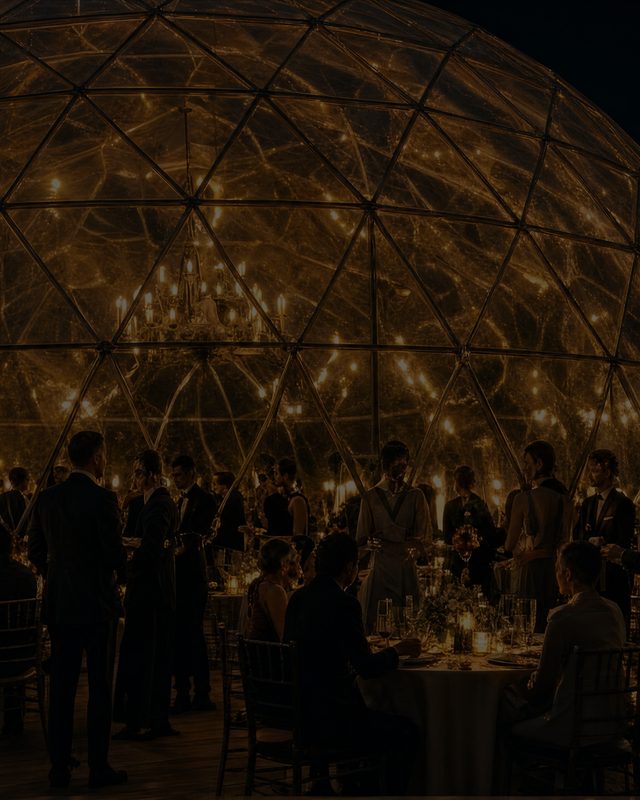 The inside of a lit glass dome at night, tables laid below its structure