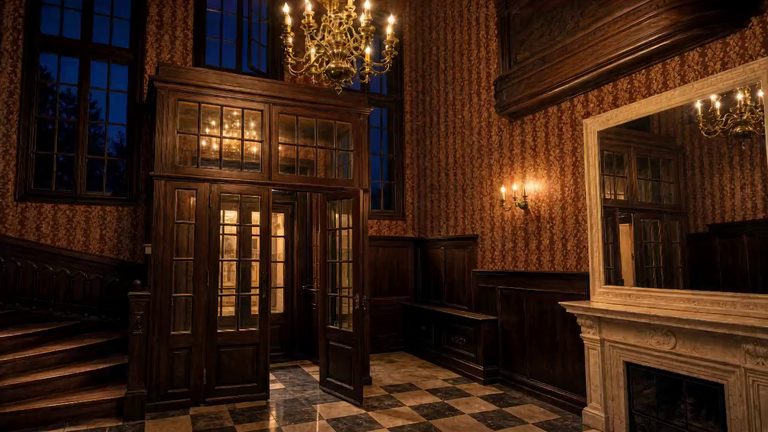 The entrance hall at night: glazed timber doors lit from the far side, the staircase beyond them, a chequered marble floor