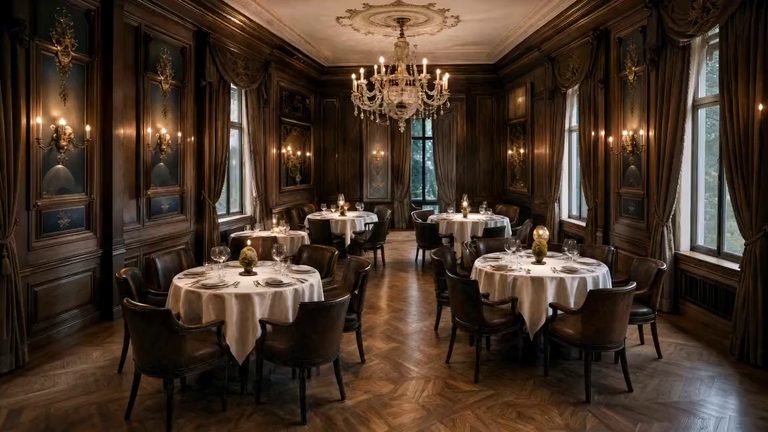 A dining salon under a crystal chandelier, round tables laid in white linen, candles alight