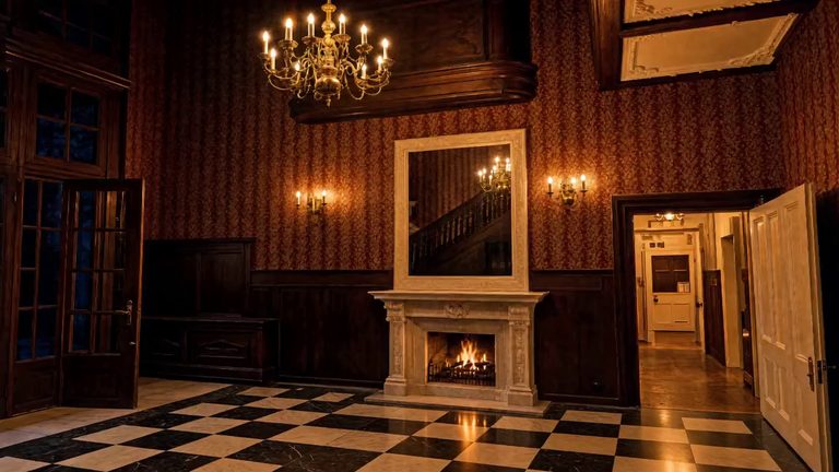 The hall at night, a fire lit in the marble chimneypiece and the staircase reflected in the mirror above it