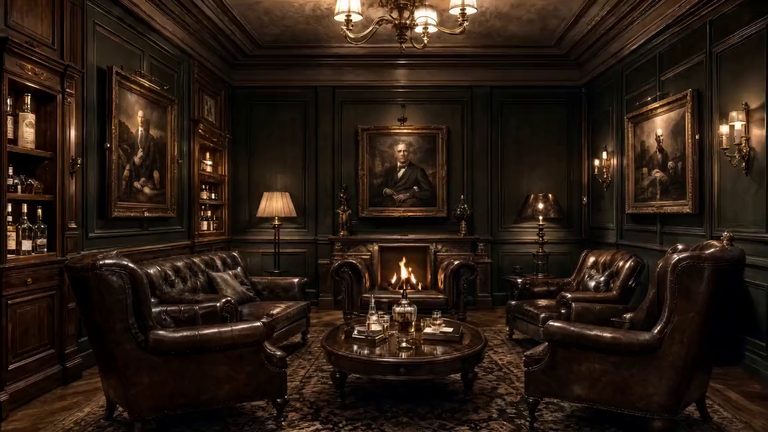 A dark panelled room with buttoned leather armchairs drawn up to a lit hearth, portraits on the walls