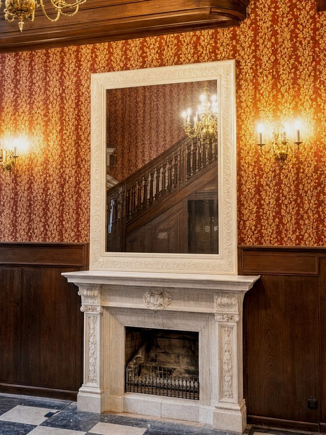 A white marble chimneypiece with a mirror above it, the staircase reflected in the glass