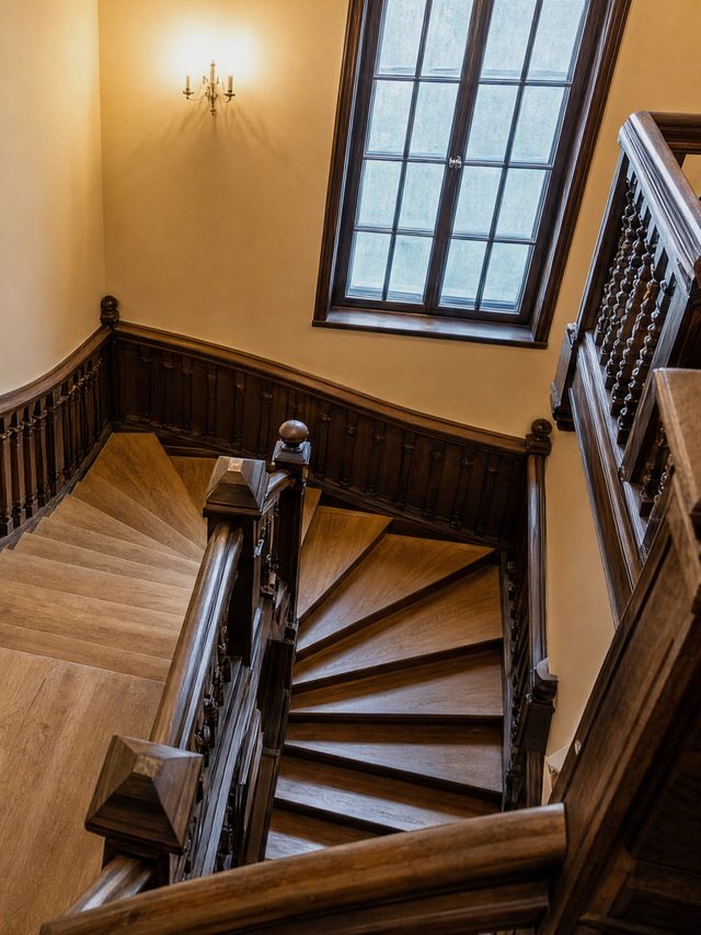 The staircase seen from above: turned balusters, winder treads and a tall leaded window
