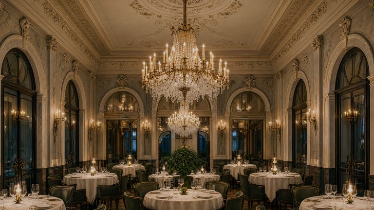 A tall dining room under a chandelier, round tables laid the length of it