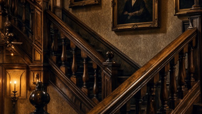 A timber staircase hung with portraits, a lamp lit on the half-landing