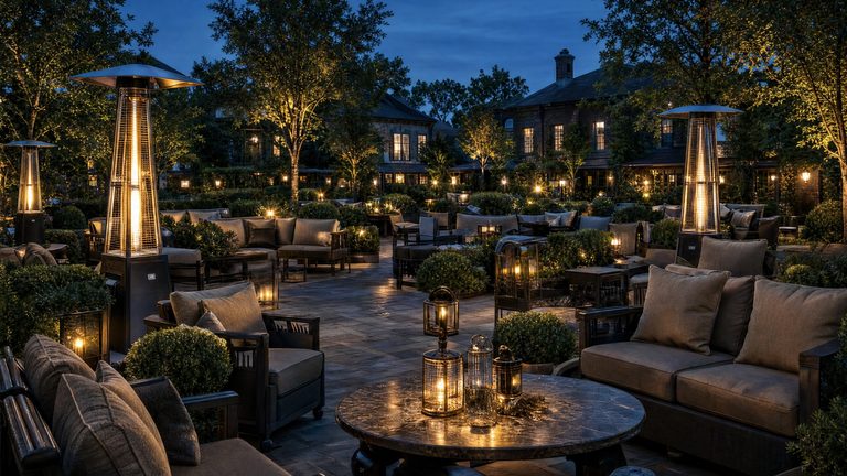 A lit terrace at dusk, seating arranged in small groups, the house behind it