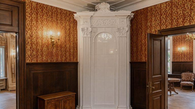 Two open doors either side of a white glazed stove portal, a further room visible through the right-hand one