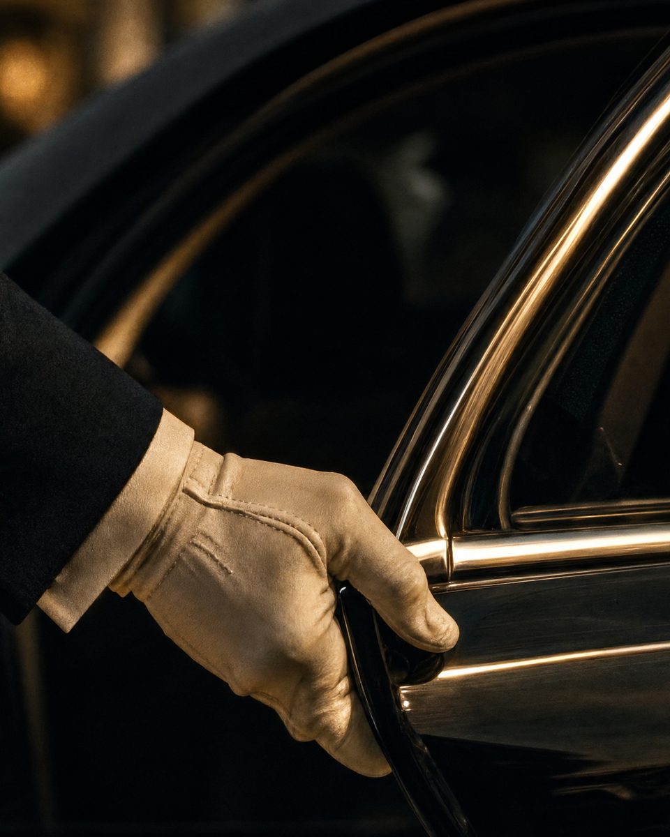 A gloved hand on the open door of a dark car at night