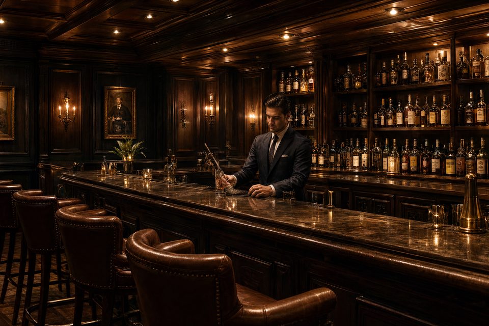 A long bar of dark timber, one figure behind it, bottles lit on the shelves