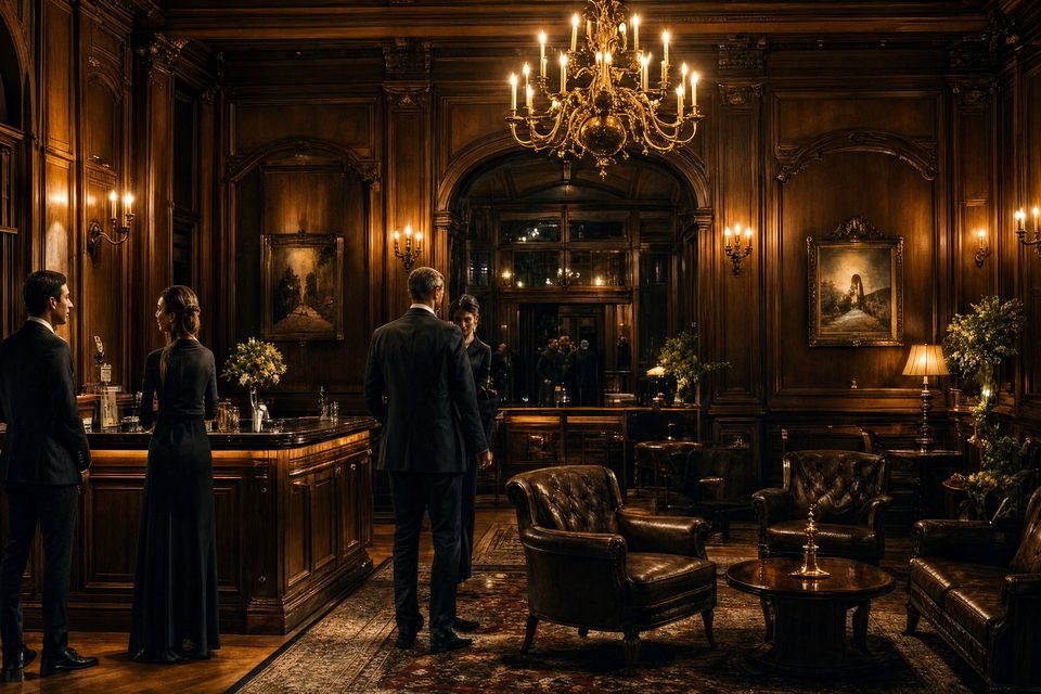 Four people in evening dress standing apart in a panelled room, none of them facing the camera