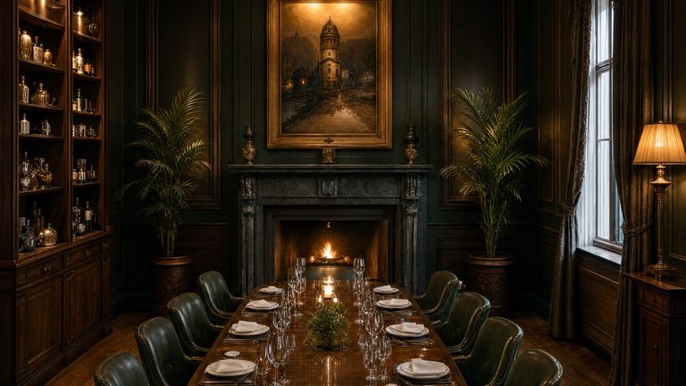 A long table laid for a private dinner in a dark panelled room, a fire at the far end