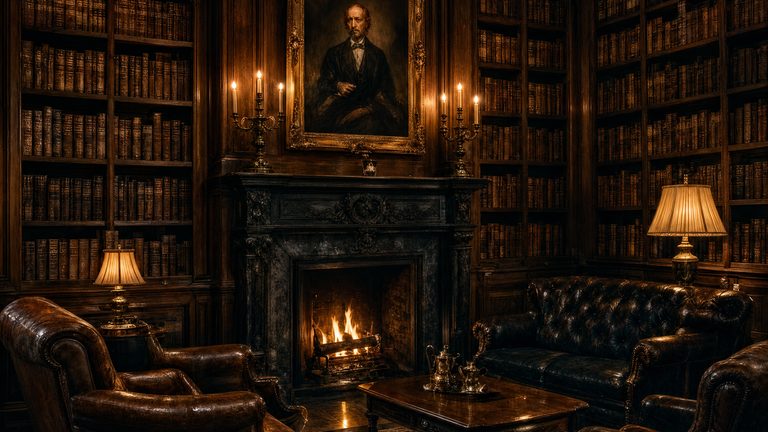 A library lined to the ceiling with books, a fire lit under a portrait, leather chairs drawn up to it