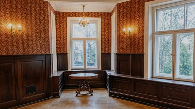A room with a bay window, fitted timber banquette seating beneath it and an oval table on the parquet
