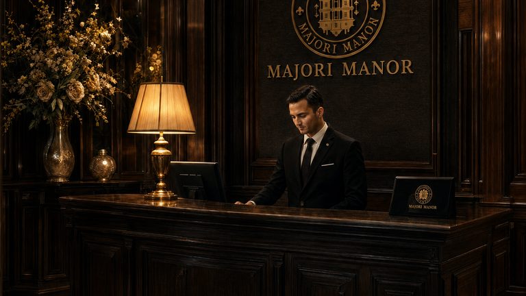 A panelled reception room by lamplight: a long mahogany desk with a brass table lamp and a vase of flowers on it, and the Majori Manor crest and wordmark in gold on the dark wall behind