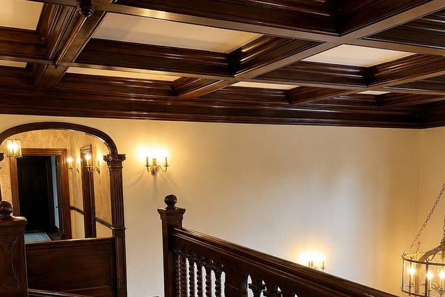 The coffered ceiling above the landing