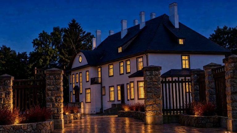 The manor at blue hour, its windows lit, seen from the gates across the forecourt
