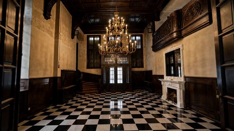The great hall, its gilt-brass candle chandelier hanging under a dark coffered ceiling