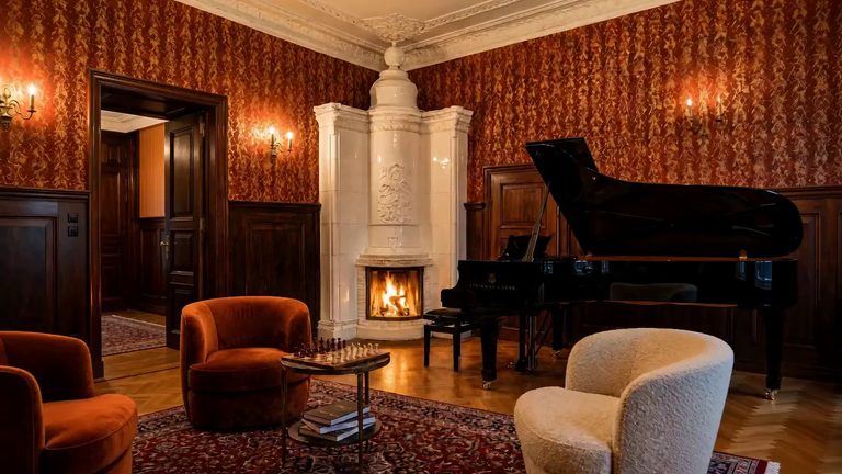 A room with a white tiled stove alight, a grand piano beside it