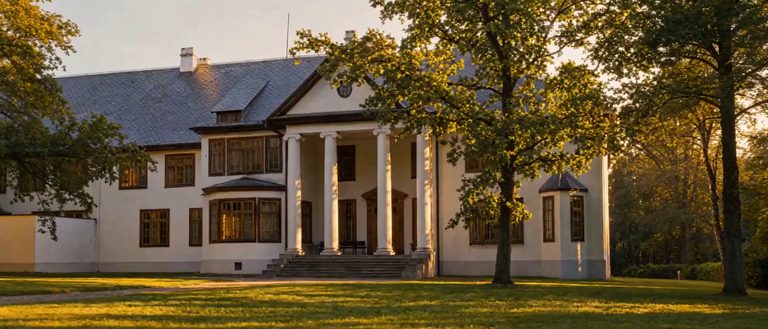 The park side of the manor at golden hour, its portico seen past a mature tree on the lawn