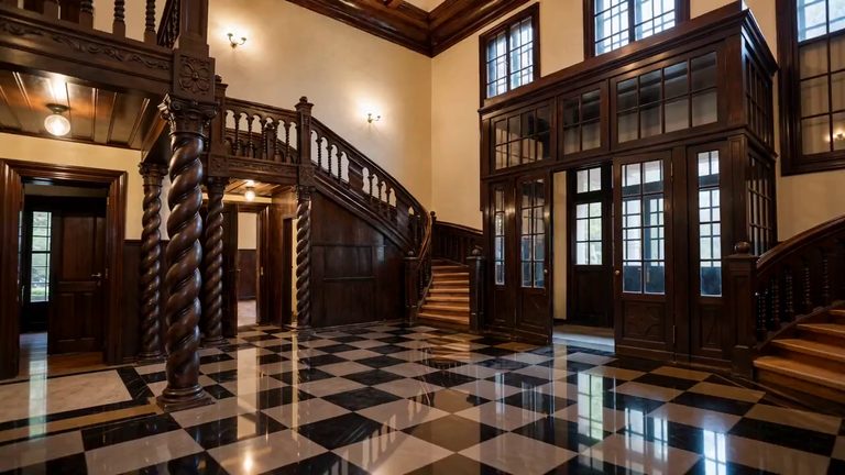 The main staircase turning up out of the hall past its carved spiral column