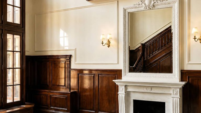 The entrance hall: a white marble chimneypiece, panelled walls and a chequered marble floor