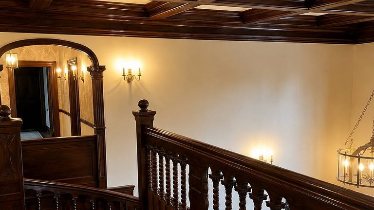 The first-floor landing under its coffered ceiling, the arch through to the next room beside it