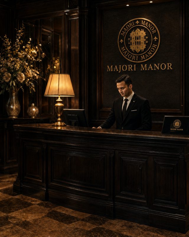 A panelled reception desk under a brass lamp, the estate's crest and wordmark on the wall behind it