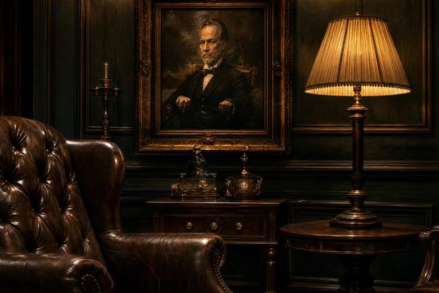Two buttoned leather armchairs drawn up either side of a lamp under a portrait in a panelled room