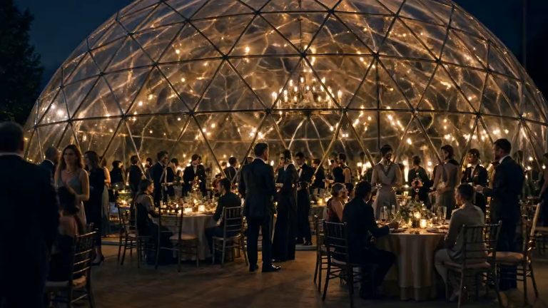 An evening inside the lit pavilion: guests in dark evening dress around candlelit tables under the glass dome and its strings of lights
