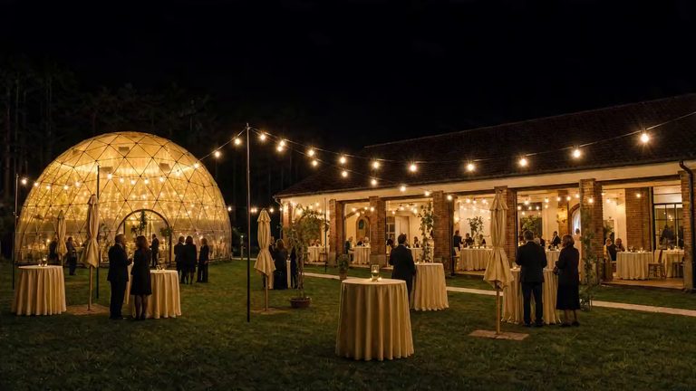 Guests in evening dress standing in small groups among linen-covered tables on a lawn strung with lights, the lit pavilion at the left and the event building at the right