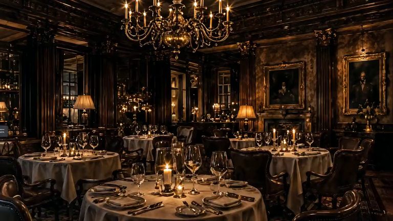 A panelled dining room by candlelight: round tables laid with cream linen and glassware under a candle chandelier