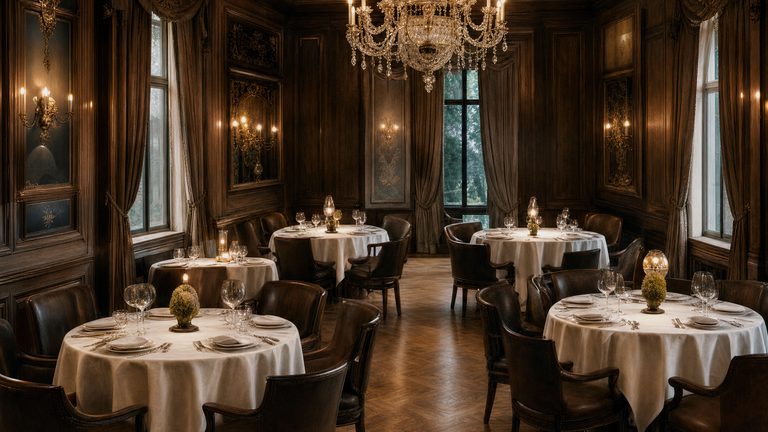 A panelled salon under a chandelier, round tables laid the length of it