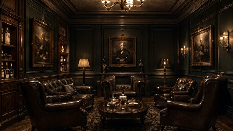 A small panelled room with leather armchairs drawn round a low table under portraits