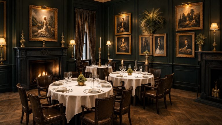A small green panelled dining room with a lit fire, round tables laid and portraits on the walls