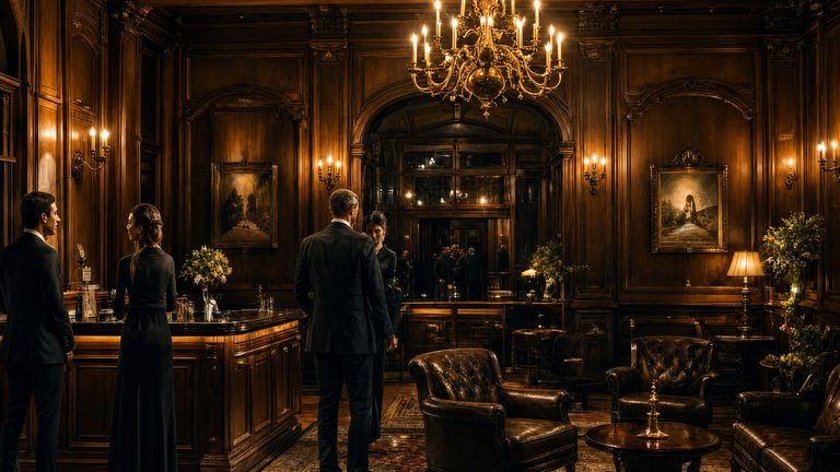 People in evening dress standing at a bar at the far side of a panelled room
