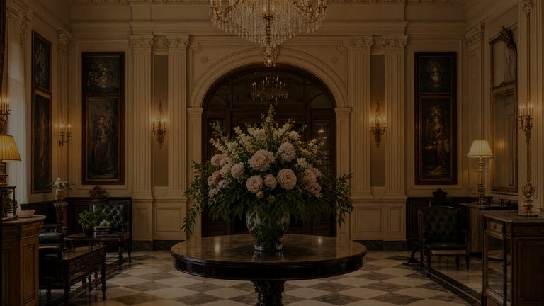 A pale hall with a marble floor, a crystal chandelier and flowers on a round centre table